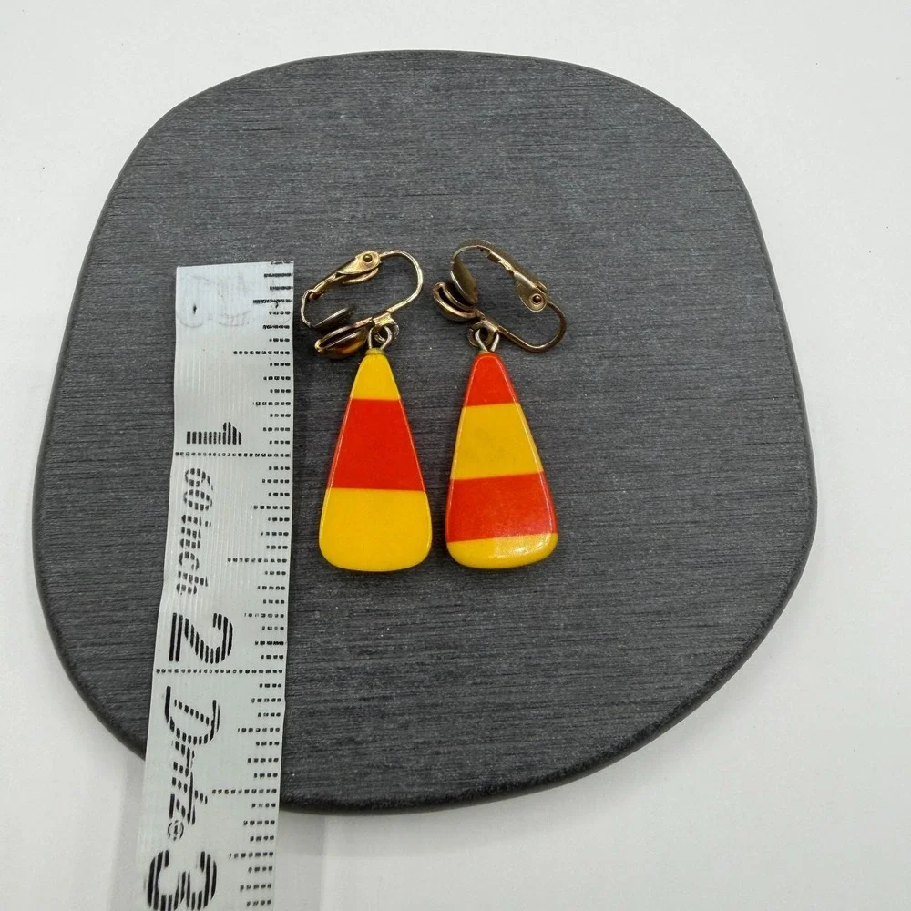 Orange Yellow Striped Drop Earrings Clip On Mod Retro Geometric Dangle 1970s
